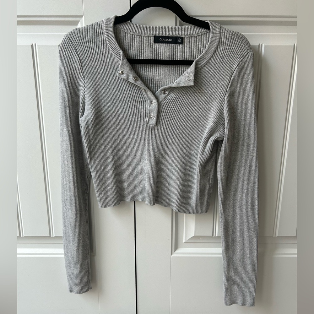 Glassons 100% Cotton Grey Ribbed Snap Henley Crop Long Sleeve Top